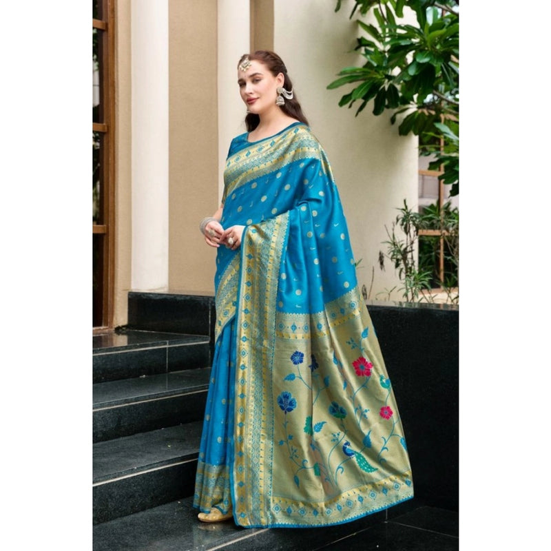 Mayawye Women's Silk Blend Paithani Weaving Saree With Unstitched Blouse 5.5Mtr (Turquoise)