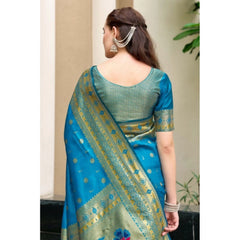 Mayawye Women's Silk Blend Paithani Weaving Saree With Unstitched Blouse 5.5Mtr (Turquoise)