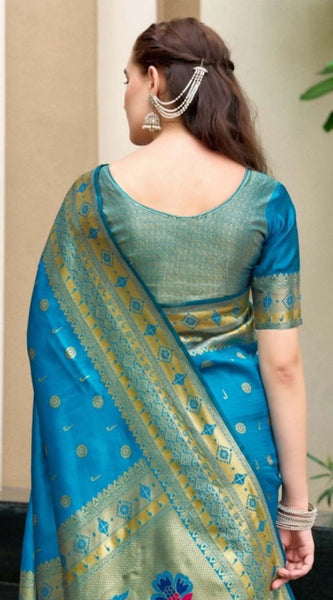 Mayawye Women's Silk Blend Paithani Weaving Saree With Unstitched Blouse 5.5Mtr (Turquoise)