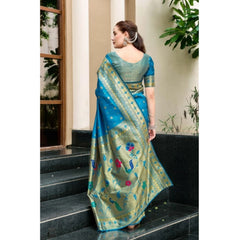 Mayawye Women's Silk Blend Paithani Weaving Saree With Unstitched Blouse 5.5Mtr (Turquoise)