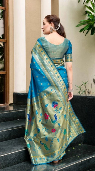 Mayawye Women's Silk Blend Paithani Weaving Saree With Unstitched Blouse 5.5Mtr (Turquoise)