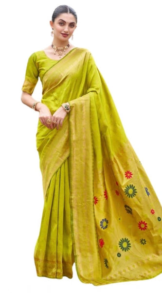 Mayawye Women's Silk Blend Zari Woven Saree With Unstitched Blouse 5.5Mtr (Lime Green)