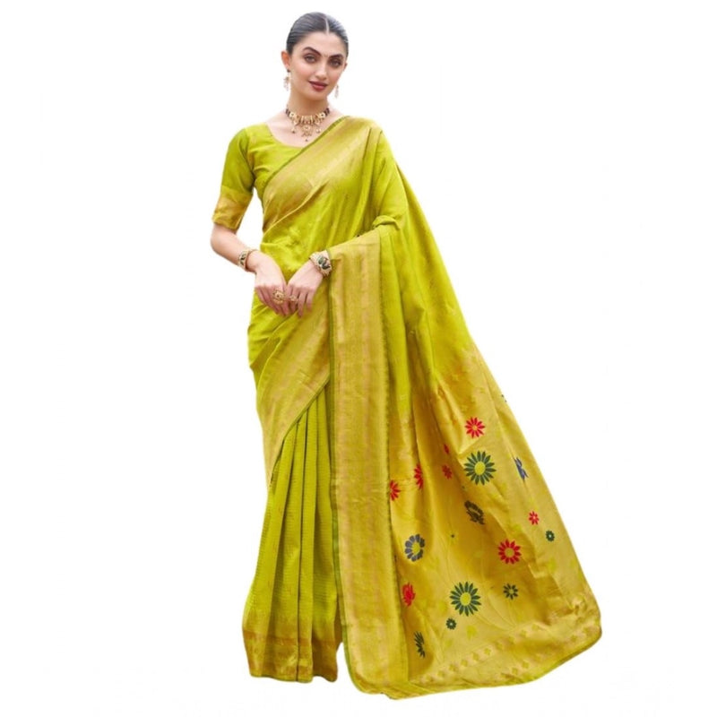 Mayawye Women's Silk Blend Zari Woven Saree With Unstitched Blouse 5.5Mtr (Lime Green)