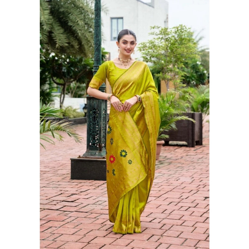 Mayawye Women's Silk Blend Zari Woven Saree With Unstitched Blouse 5.5Mtr (Lime Green)
