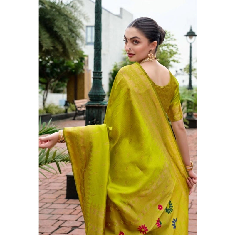 Mayawye Women's Silk Blend Zari Woven Saree With Unstitched Blouse 5.5Mtr (Lime Green)