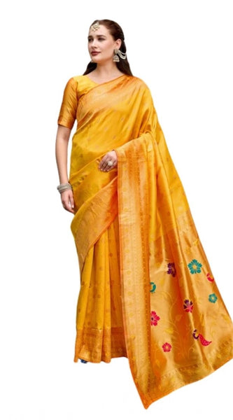 Mayawye Women's Silk Blend Zari Woven Saree With Unstitched Blouse 5.5Mtr (Mustard)
