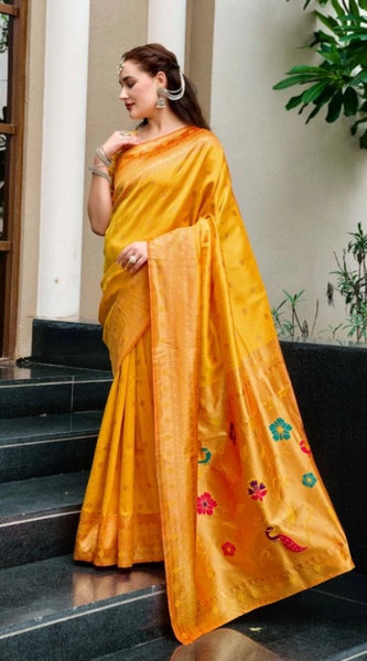 Mayawye Women's Silk Blend Zari Woven Saree With Unstitched Blouse 5.5Mtr (Mustard)