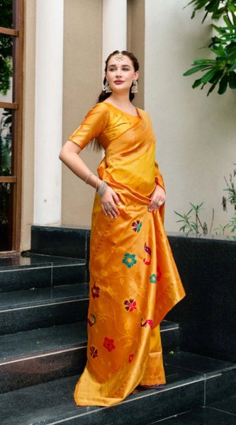 Mayawye Women's Silk Blend Zari Woven Saree With Unstitched Blouse 5.5Mtr (Mustard)