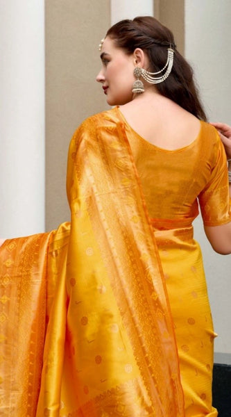 Mayawye Women's Silk Blend Zari Woven Saree With Unstitched Blouse 5.5Mtr (Mustard)