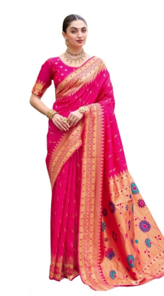 Mayawye Women's Silk Blend Zari Woven Saree With Unstitched Blouse 5.5Mtr (Pink)