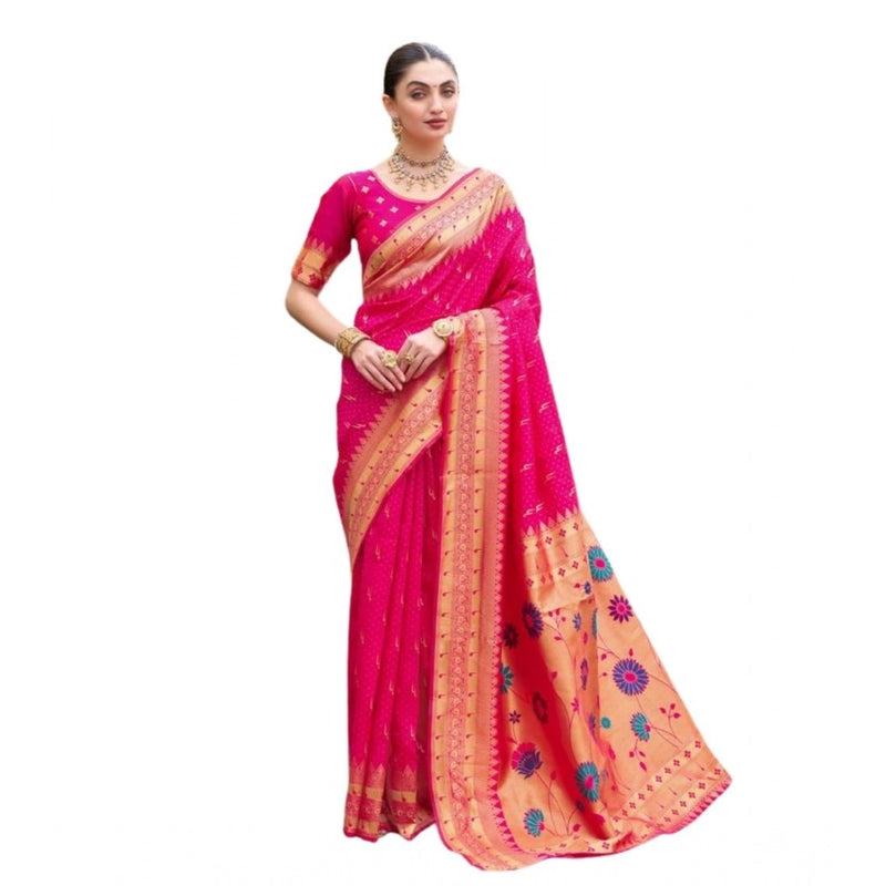 Mayawye Women's Silk Blend Zari Woven Saree With Unstitched Blouse 5.5Mtr (Pink)