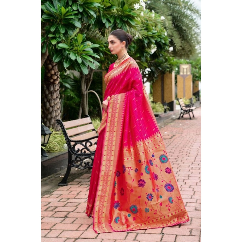 Mayawye Women's Silk Blend Zari Woven Saree With Unstitched Blouse 5.5Mtr (Pink)