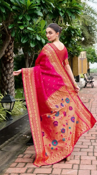 Mayawye Women's Silk Blend Zari Woven Saree With Unstitched Blouse 5.5Mtr (Pink)