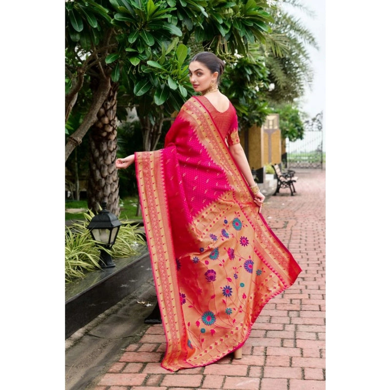 Mayawye Women's Silk Blend Zari Woven Saree With Unstitched Blouse 5.5Mtr (Pink)