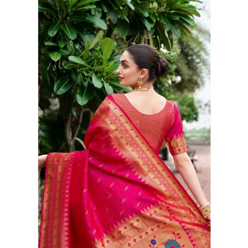 Mayawye Women's Silk Blend Zari Woven Saree With Unstitched Blouse 5.5Mtr (Pink)