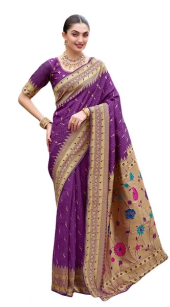 Mayawye Women's Silk Blend Zari Woven Saree With Unstitched Blouse 5.5Mtr (Purple)