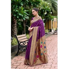 Mayawye Women's Silk Blend Zari Woven Saree With Unstitched Blouse 5.5Mtr (Purple)