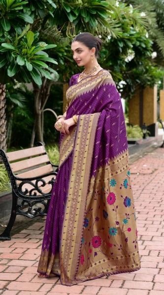 Mayawye Women's Silk Blend Zari Woven Saree With Unstitched Blouse 5.5Mtr (Purple)