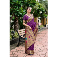 Mayawye Women's Silk Blend Zari Woven Saree With Unstitched Blouse 5.5Mtr (Purple)