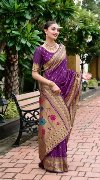Mayawye Women's Silk Blend Zari Woven Saree With Unstitched Blouse 5.5Mtr (Purple)