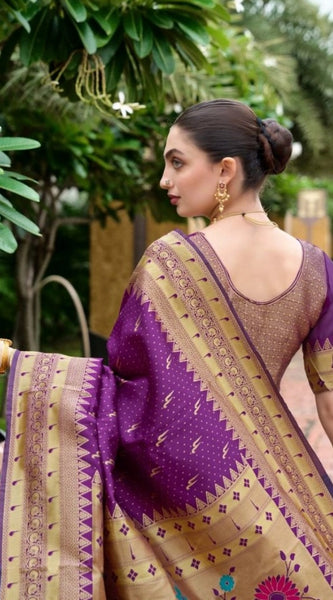 Mayawye Women's Silk Blend Zari Woven Saree With Unstitched Blouse 5.5Mtr (Purple)