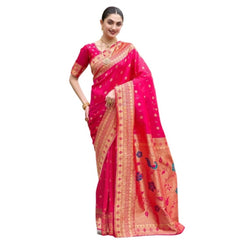 Mayawye Women's Silk Blend Zari Woven Saree With Unstitched Blouse 5.5Mtr (Red)