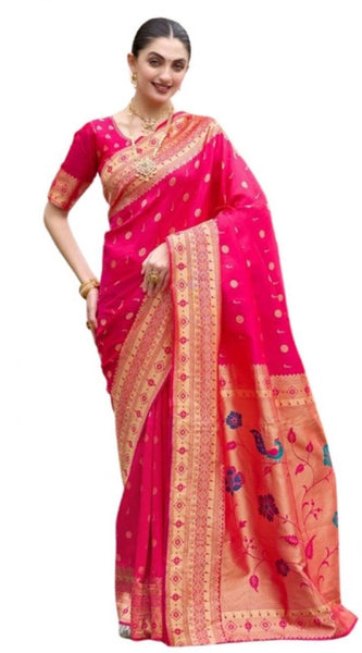 Mayawye Women's Silk Blend Zari Woven Saree With Unstitched Blouse 5.5Mtr (Red)