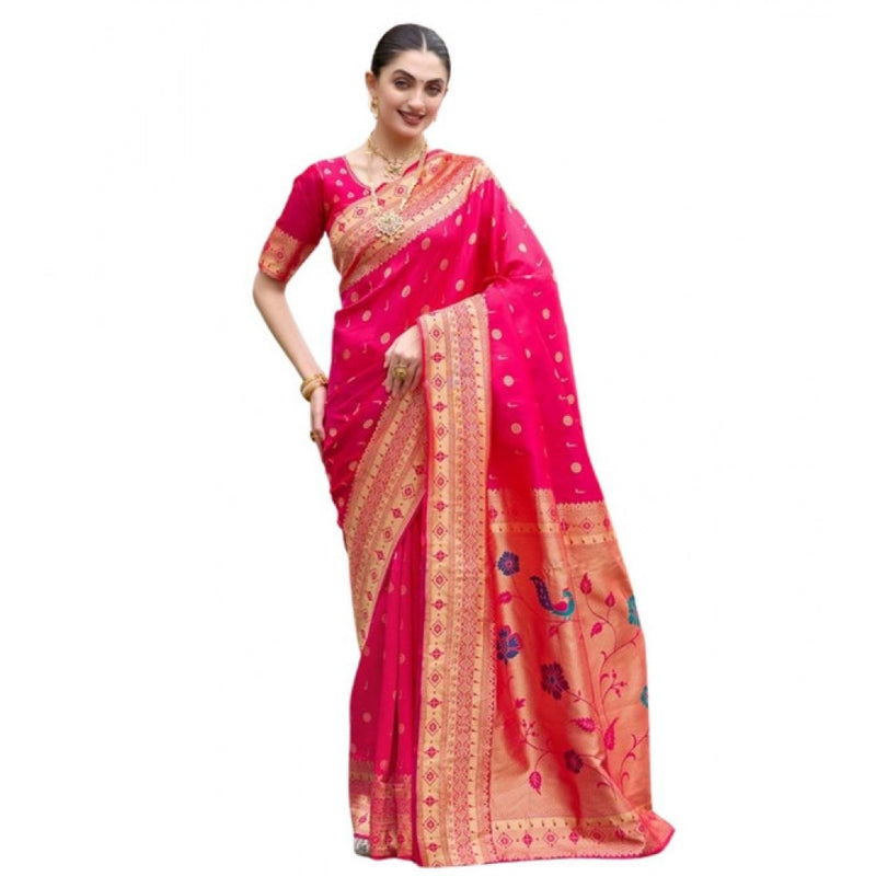 Mayawye Women's Silk Blend Zari Woven Saree With Unstitched Blouse 5.5Mtr (Red)