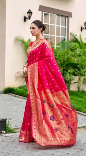 Mayawye Women's Silk Blend Zari Woven Saree With Unstitched Blouse 5.5Mtr (Red)