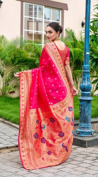 Mayawye Women's Silk Blend Zari Woven Saree With Unstitched Blouse 5.5Mtr (Red)