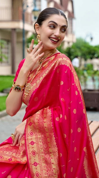Mayawye Women's Silk Blend Zari Woven Saree With Unstitched Blouse 5.5Mtr (Red)