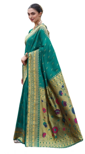 Mayawye Women's Silk Blend Zari Woven Saree With Unstitched Blouse 5.5Mtr (Teal)