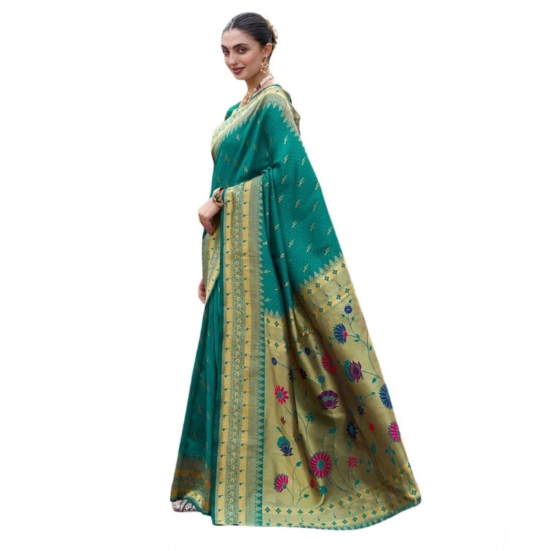 Mayawye Women's Silk Blend Zari Woven Saree With Unstitched Blouse 5.5Mtr (Teal)