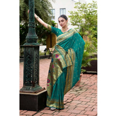 Mayawye Women's Silk Blend Zari Woven Saree With Unstitched Blouse 5.5Mtr (Teal)