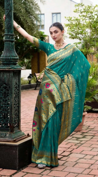 Mayawye Women's Silk Blend Zari Woven Saree With Unstitched Blouse 5.5Mtr (Teal)
