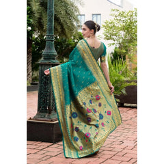 Mayawye Women's Silk Blend Zari Woven Saree With Unstitched Blouse 5.5Mtr (Teal)