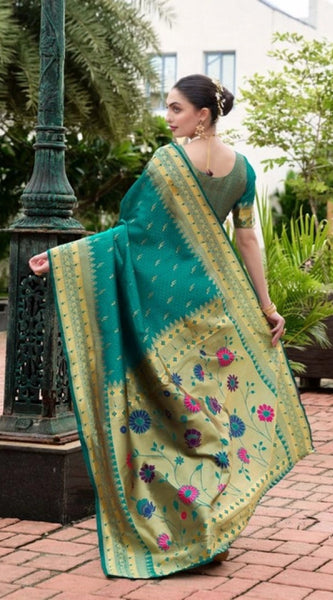 Mayawye Women's Silk Blend Zari Woven Saree With Unstitched Blouse 5.5Mtr (Teal)