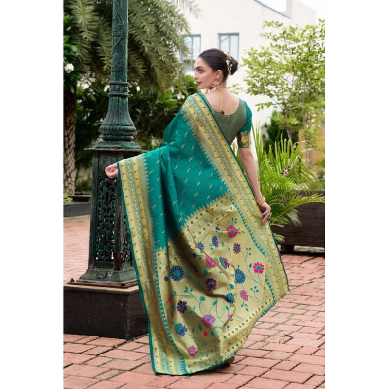 Mayawye Women's Silk Blend Zari Woven Saree With Unstitched Blouse 5.5Mtr (Teal)
