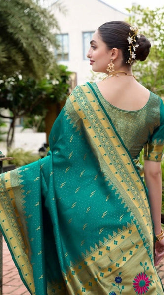 Mayawye Women's Silk Blend Zari Woven Saree With Unstitched Blouse 5.5Mtr (Teal)