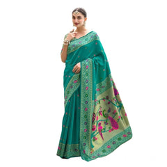 Mayawye Women's Silk Blend Paithani Weaving Saree With Unstitched Blouse 5.5Mtr (Green)
