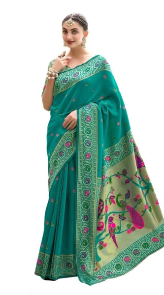 Mayawye Women's Silk Blend Paithani Weaving Saree With Unstitched Blouse 5.5Mtr (Green)