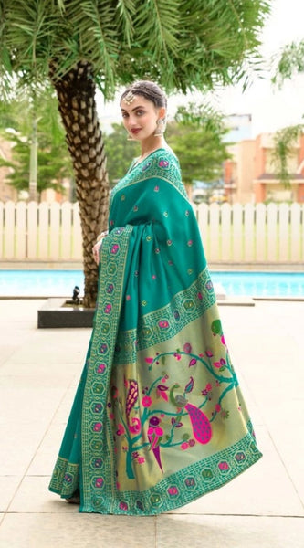 Mayawye Women's Silk Blend Paithani Weaving Saree With Unstitched Blouse 5.5Mtr (Green)