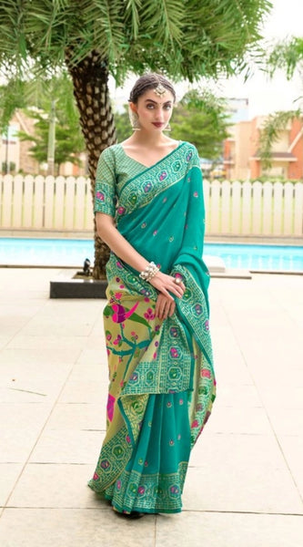 Mayawye Women's Silk Blend Paithani Weaving Saree With Unstitched Blouse 5.5Mtr (Green)