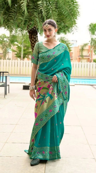 Mayawye Women's Silk Blend Paithani Weaving Saree With Unstitched Blouse 5.5Mtr (Green)