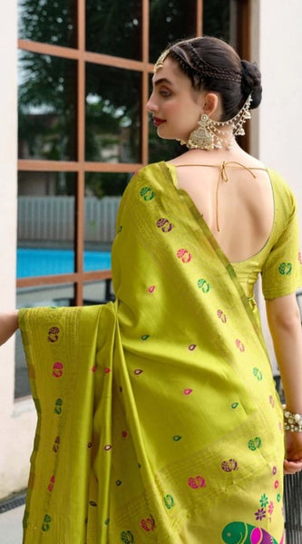 Mayawye Women's Silk Blend Paithani Weaving Saree With Unstitched Blouse 5.5Mtr (Lime-Green)