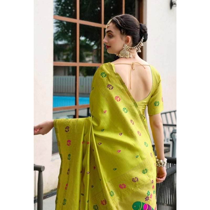 Mayawye Women's Silk Blend Paithani Weaving Saree With Unstitched Blouse 5.5Mtr (Lime-Green)