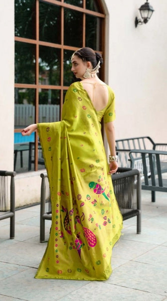 Mayawye Women's Silk Blend Paithani Weaving Saree With Unstitched Blouse 5.5Mtr (Lime-Green)