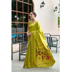 Mayawye Women's Silk Blend Paithani Weaving Saree With Unstitched Blouse 5.5Mtr (Lime-Green)