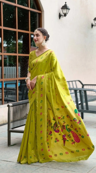Mayawye Women's Silk Blend Paithani Weaving Saree With Unstitched Blouse 5.5Mtr (Lime-Green)