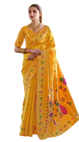 Mayawye Women's Silk Blend Paithani Weaving Saree With Unstitched Blouse 5.5Mtr (Mustard)